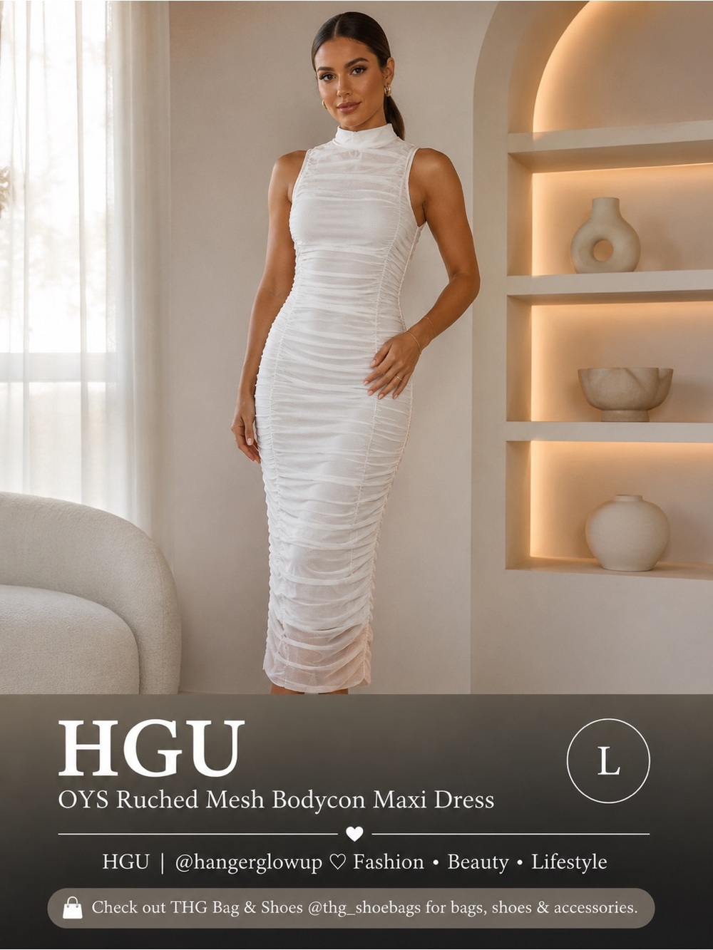 OYS White Ruched Mesh Bodycon Maxi Dress Mock Neck Sleeveless Size L
